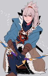 Rule 34 | 1boy, fire emblem, holding, holding weapon, ichiyou (kazuha1003), japanese clothes, looking at viewer, male focus, nintendo, ponytail, red eyes, silver hair, simple background, smile, solo, sword, takumi (fire emblem), wakizashi, weapon