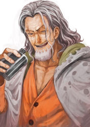 Rule 34 | 1boy, alcohol, beard, drinking, facial hair, glasses, grey eyes, hip flask, lack, male focus, manly, old, old man, one piece, sabaody archipelago, scar, scar across eye, scar on face, silvers rayleigh, smile, solo, upper body, white hair