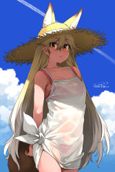 Rule 34 | 1girl, animal ear fluff, animal ears, arms behind back, bare shoulders, blonde hair, blue sky, bra, bra visible through clothes, breasts, cloud, collarbone, commentary request, contrail, cowboy shot, dated, dress, ears through headwear, extra ears, ezo red fox (kemono friends), fox ears, fox girl, fox tail, gradient hair, hair between eyes, happa (cloverppd), hat, highres, kemono friends, long hair, looking at viewer, multicolored hair, orange eyes, panties, pink bra, pink panties, see-through, signature, sky, small breasts, solo, straw hat, sun hat, tail, tied dress, underwear, very long hair, water drop, wet, wet clothes, wet dress, white dress, white hair