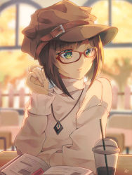 Rule 34 | 1girl, absurdres, akisaki, animal ears, animal hat, blurry, blurry background, book, brown hair, cabbie hat, cat hat, commentary request, cup, disposable cup, drink, drinking straw, fake animal ears, glasses, green eyes, hand up, hat, highres, idolmaster, idolmaster cinderella girls, indoors, jewelry, long sleeves, looking away, maekawa miku, necklace, open book, red-framed eyewear, short hair, signature, solo, sweater, table, turtleneck, turtleneck sweater, upper body