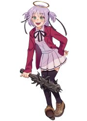 Rule 34 | 1girl, angel, blush, bokusatsu tenshi dokuro-chan, club, club (weapon), commentary, english commentary, full body, green eyes, halo, highres, holding, holding weapon, jacket, kanabou, mitsukai dokuro, open clothes, open jacket, pip0h, purple hair, red jacket, skirt, smile, solo, uniform, weapon, white skirt