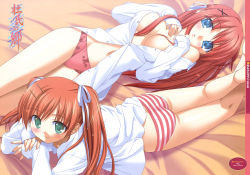 Rule 34 | 2girls, arm support, ass, blue eyes, blush, bottomless, bow, bow panties, breasts, cleavage, dress shirt, game cg, green eyes, hair ornament, hair ribbon, hairclip, heartbring, highres, kani biimu, lace, lace-trimmed panties, lace trim, long hair, lying, medium breasts, multiple girls, no pants, on back, on stomach, open clothes, open shirt, orange hair, panties, red hair, red panties, ribbon, shirt, siblings, sisters, smile, striped clothes, striped panties, takaoka miyuki, takaoka sayuki, touji no sato, twins, twintails, underwear