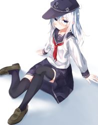 Rule 34 | 1girl, anchor symbol, black sailor collar, black skirt, black thighhighs, blue eyes, brown footwear, commentary request, flat cap, hair between eyes, hat, hibiki (kancolle), kantai collection, loafers, long hair, looking at viewer, neckerchief, pleated skirt, sailor collar, school uniform, serafuku, shoes, silver hair, sitting, skirt, solo, tachakan, thighhighs, white background