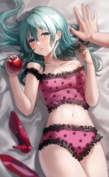Rule 34 | 1girl, apple, aqua eyes, aqua hair, bed sheet, blush, breasts, cleavage, collarbone, cowboy shot, crop top, food, frilled panties, frills, fruit, green nails, hatsune miku, high heels, highres, holding, holding food, holding fruit, long hair, looking at viewer, nail polish, navel, o cha (seyc3447), off shoulder, on bed, open mouth, panties, pink footwear, pink panties, pink shirt, polka dot, polka dot panties, pov, red apple, romeo to cinderella (vocaloid), shirt, solo, underwear, vocaloid