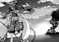 Rule 34 | 1girl, aircraft, akane harurou, bow (weapon), clenched hand, closed mouth, cloud, cloudy sky, explosion, expressionless, greyscale, hachimaki, hair over one eye, headband, high ponytail, holding, holding bow (weapon), holding weapon, japanese clothes, kantai collection, kimono, long sleeves, monochrome, muneate, ocean, outdoors, propeller, ribbon-trimmed sleeves, ribbon trim, shorts, silhouette, sky, smoke, solo, sunlight, water, weapon, wide sleeves, zuihou (kancolle)