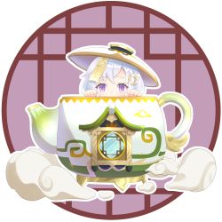 Rule 34 | 1girl, absurdres, architecture, coin hair ornament, commentary request, east asian architecture, genshin impact, hair ornament, highres, in pot, jiangshi, long hair, looking at viewer, ninoji, ofuda, peeking out, purple eyes, qiqi (genshin impact), serenitea pot (genshin impact), sidelocks, silver hair, simple background, solo, teapot