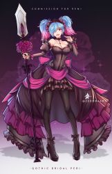 Rule 34 | 1girl, absurdres, black legwear, black wedding dress, blue hair, breasts, character name, cleavage, commission, dress, fire emblem, fire emblem fates, fire emblem heroes, full body, hair over one eye, high heels, highres, holding, holding weapon, medium breasts, multicolored hair, nintendo, open mouth, peri (fire emblem), pink hair, polearm, red eyes, simple background, sleeveless, sleeveless dress, solo, twintails, twitter username, weapon, wedding dress, zedoraart