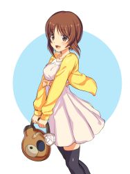 Rule 34 | 10s, 1girl, :d, bag, black thighhighs, blush, boko (girls und panzer), brown eyes, brown hair, casual, dress, from side, girls und panzer, highres, holding, holding bag, icomochi, jewelry, long sleeves, necklace, nishizumi miho, open mouth, short hair, smile, solo, standing, thighhighs, white dress