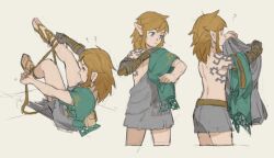 Rule 34 | 1boy, ?, ancient set (zelda), arm tattoo, blonde hair, blue eyes, commentary, dressing, english commentary, facing viewer, from side, gladiator sandals, grey shorts, highres, holding, holding clothes, ivy (sena0119), link, long hair, looking to the side, male focus, multiple views, nintendo, pointy ears, sandals, shorts, signature, solo focus, tattoo, the legend of zelda, the legend of zelda: tears of the kingdom, triforce