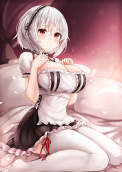 Rule 34 | 1girl, apron, azur lane, black choker, blush, breasts, choker, cleavage, closed mouth, collarbone, curtains, dress, frilled dress, frills, hair between eyes, hands on own chest, hands up, headdress, highres, indoors, large breasts, light particles, looking at viewer, maid, maid apron, no shoes, pillow, red eyes, red ribbon, ribbon, ryara, short hair, short sleeves, silver hair, sirius (azur lane), sitting, smile, solo, thighhighs, waist apron, wariza, white apron, white thighhighs
