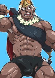 Rule 34 | 1boy, abs, armpit hair, armpits, bara, bare pectorals, biceps, black male swimwear, bulge, carrying over shoulder, cowboy shot, dark-skinned male, dark skin, erection, erection under clothes, fang, fire emblem, fire emblem heroes, flower, flower necklace, helbindi (fire emblem), highres, horns, jewelry, large pectorals, looking at viewer, male focus, male swimwear, muscular, muscular male, navel, necklace, nintendo, nipples, official alternate costume, pectorals, sash, shirako (kirupi), short hair, sideburns, sidepec, single horn, solo, stomach, swim briefs, swimsuit, thick thighs, thighs, torn clothes, torn swimsuit, very dark skin