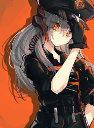 Rule 34 | 1girl, adjusting clothes, adjusting headwear, aitekku, arknights, black gloves, black hat, black shirt, closed mouth, commentary, dragon horns, eyes visible through hair, gloves, grey hair, hat, highres, horns, looking at viewer, official alternate costume, orange background, orange eyes, police, police hat, police uniform, saria (arknights), saria (the law) (arknights), shadow, shirt, sleeves rolled up, solo, uniform, upper body, walkie-talkie