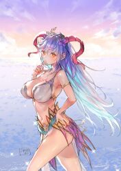 Rule 34 | 1girl, armpits, bikini, breasts, cleavage, commentary request, curled horns, fire emblem, fire emblem heroes, flower, freyja (fire emblem), freyja (summer) (fire emblem), goat horns, gold armlet, horns, large breasts, looking at viewer, nintendo, ocean, official alternate costume, outdoors, pelvic curtain, red horns, solo, swimsuit, t misaomaru, white bikini
