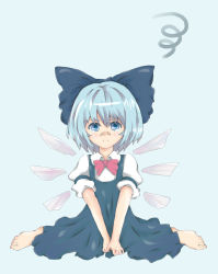 Rule 34 | 1girl, bad id, bad pixiv id, bandaid, bandaid on face, bandaid on nose, barefoot, blue background, blue eyes, blue hair, cirno, embodiment of scarlet devil, frown, full body, kimera, matching hair/eyes, short hair, simple background, sitting, solo, tears, touhou, v arms, wariza