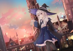 Rule 34 | 1girl, black pantyhose, blue eyes, blush, building, coat, cup, day, drinking straw, dutch angle, elaina (majo no tabitabi), hair between eyes, hat, highres, holding, long hair, looking at viewer, majo no tabitabi, open clothes, open coat, outdoors, pantyhose, shirt, silver hair, skirt, smile, solo, touhourh, white shirt, witch hat