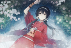 Rule 34 | 10s, 1girl, angel31424, black eyes, black hair, bungou stray dogs, flower, hair flower, hair ornament, hairband, izumi kyouka (bungou stray dogs), japanese clothes, kimono, low twintails, lying, solo, twintails, water