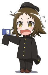 Rule 34 | 1girl, blush, book, brown hair, chibi, crossdressing, flying sweatdrops, full body, gakuran, hat, mikakunin de shinkoukei, mitsumine mashiro, open book, open mouth, outstretched arm, oversized clothes, school uniform, shoes, simple background, sleeves past wrists, solo, standing, white background, yellow eyes, youkan