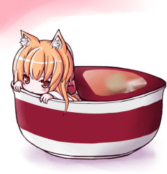 Rule 34 | 1girl, animal ears, cup, cup ramen, fox ears, in container, in cup, japanese clothes, lowres, mini person, minigirl, original, red eyes, shio poteto, solo