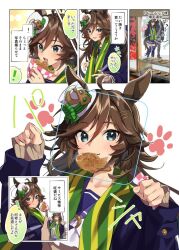Rule 34 | 1boy, 1girl, ahoge, animal ears, blue coat, blush, bow, bowtie, brown hair, cellphone, coat, comic, eating, food, green eyes, hair ornament, hairclip, hand up, hat, holding, holding phone, horse ears, long hair, long sleeves, looking at viewer, mini hat, mini top hat, misu kasumi, motion lines, mouth hold, mr. c.b. (umamusume), open mouth, paw pose, paw print, phone, purple thighhighs, sailor collar, scarf, smile, speech bubble, taiyaki, thighhighs, top hat, trainer (umamusume), translation request, umamusume, viewfinder, wagashi