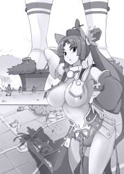 Rule 34 | 1girl, alternate breast size, arm behind head, arm up, armor, asymmetrical clothes, asymmetrical sleeves, breast curtains, breasts, commentary request, detached sleeves, fate/grand order, fate (series), feather hair ornament, feathers, giant, giantess, hair ornament, hand on own hip, highres, holding, holding naginata, holding weapon, house, japanese armor, kusazuri, large breasts, long hair, mismatched sleeves, monochrome, naginata, navel, open mouth, panties, parted bangs, polearm, revealing clothes, seo tatsuya, side ponytail, single pantsleg, underwear, ushiwakamaru (fate), weapon, white sleeves