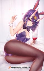 Rule 34 | 1girl, :q, alcohol, animal ears, ass, bare shoulders, blush, bow, bowtie, breasts, brown pantyhose, cleavage, closed mouth, cup, drinking glass, fake animal ears, fate/grand order, fate (series), fishnet pantyhose, fishnets, hair ornament, hand up, highres, holding, horns, kemonomimi mode, leotard, looking at viewer, luminous, medium breasts, pantyhose, patreon username, playboy bunny, pointy ears, purple eyes, purple hair, purple leotard, rabbit ears, rabbit tail, short hair, shuten douji (fate), sidelocks, sitting, skin-covered horns, smile, solo, tail, thick eyebrows, tongue, tongue out, watermark, wine, wine glass, wrist cuffs