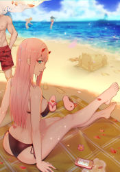 Rule 34 | 10s, 1boy, 3girls, absurdres, animal print, aqua eyes, ass, bare legs, bare shoulders, barefoot, beach, bikini, black bikini, blue sky, blurry, blurry background, breasts, cleavage, cloud, commentary request, darling in the franxx, day, fish print, flower, full body, highres, hiro (darling in the franxx), horns, koi han, long hair, looking at viewer, looking back, lotion, lotion bottle, male swimwear, medium breasts, multiple girls, ocean, outdoors, parted lips, petals, print male swimwear, print swim trunks, print swimsuit, red male swimwear, red swim trunks, sand, sand castle, sand sculpture, shark print, side-tie bikini bottom, sideboob, sitting, sky, slippers, solo focus, swim trunks, swimsuit, zero two (darling in the franxx)