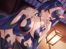 Rule 34 | 1girl, aged up, alternate breast size, alternate hair length, alternate hairstyle, black fundoshi, bob cut, breasts, cleavage, commission, cup, eyeliner, fate/grand order, fate (series), fundoshi, headpiece, hifumi chiyoko, highres, horns, japanese clothes, kimono, large breasts, long hair, looking at viewer, makeup, oni, open clothes, open kimono, purple eyes, purple hair, purple kimono, revealing clothes, sakazuki, short eyebrows, shuten douji (fate), skeb commission, skin-covered horns, solo