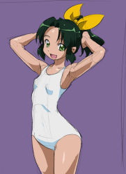 Rule 34 | 10s, 1girl, green eyes, green hair, looking at viewer, matching hair/eyes, midorikawa nao, one-piece swimsuit, open mouth, ponytail, precure, purple background, rohitsuka, short hair, simple background, sketch, smile precure!, solo, swimsuit, white one-piece swimsuit