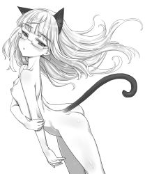 Rule 34 | 1girl, animal ears, aohashi ame, ass, blush, breasts, cat ears, cat tail, collarbone, feet out of frame, glasses, greyscale, highres, long hair, looking at viewer, looking to the side, monochrome, nipples, nude, open mouth, perrine h. clostermann, shiny skin, simple background, small breasts, solo, standing, strike witches, tail, world witches series