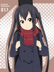 Rule 34 | 1girl, black hair, brown eyes, buttons, character name, coat, double-breasted, gloves, guitar case, ikari manatsu, instrument case, k-on!, long hair, nakano azusa, red scarf, scarf, solo, striped clothes, striped scarf, twintails