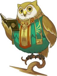 Rule 34 | anklet, artist request, beak, bird, book, branch, brown eyes, claws, colored sclera, full body, half-closed eyes, hand up, holding, holding book, jewelry, looking at viewer, no humans, non-web source, official art, open book, owl, owlbert (world flipper), simple background, solo, tabard, transparent background, wings, world flipper, yellow sclera