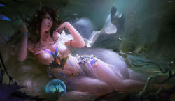 Rule 34 | 1girl, alternate costume, animal ears, breasts, brown hair, cleavage, collarbone, dress, facial mark, fox ears, fox girl, fox tail, highres, lao wang, large breasts, league of legends, long hair, looking at viewer, lying, navel, on side, parted lips, solo, tail, whisker markings, yellow eyes