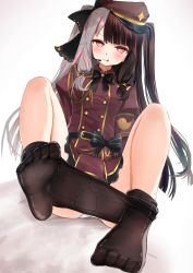 Rule 34 | 1girl, armband, black hair, blush, breasts, closed mouth, clothes pull, dress, dutch angle, ex idol, feet, full body, hat, headset, highres, long hair, looking at viewer, medium breasts, military hat, multicolored hair, nijisanji, panties, pantyhose, pantyhose pull, peaked cap, red eyes, red hair, ribbon, silver hair, sitting, smile, soles, solo, split-color hair, streaked hair, tongue, tongue out, twintails, two-tone hair, underwear, very long hair, virtual youtuber, white panties, yorumi rena, yorumi rena (2nd costume)