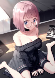 Rule 34 | 1girl, bare shoulders, barefoot, bed, between legs, black dress, black nails, blue eyes, bob cut, breasts, cleavage, closed mouth, commentary request, dress, frilled dress, frills, glasses, hand between legs, highres, indoors, kine-c, long hair, long sleeves, medium breasts, nail polish, off-shoulder dress, off shoulder, original, pink hair, round eyewear, short hair, sitting, solo, wariza, wooden floor