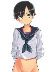 Rule 34 | 1girl, absurdres, arms behind back, black hair, blue eyes, blue neckwear, bottomless, crop top, female focus, groin, haida katsuretsu, highres, looking at viewer, original, out-of-frame censoring, sailor collar, school uniform, short hair, simple background, smile, solo, white background