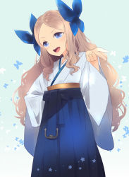 Rule 34 | 10s, 1girl, anchor, asakaze (kancolle), blue eyes, blue hakama, blush, bow, brown hair, bug, butterfly, cowboy shot, dress, foreshortening, hair bow, hakama, hakama skirt, insect, japanese clothes, kantai collection, long hair, looking at viewer, meiji schoolgirl uniform, oluha, open mouth, personification, skirt, solo, standing, wavy hair