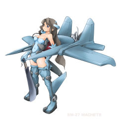 Rule 34 | 1girl, blue eyes, breasts, brown hair, female focus, full body, long hair, mecha musume, military, nano (nanosize), original, personification, propeller, simple background, sm-27 machete, solo, sword, weapon, white background