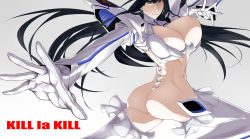 Rule 34 | 10s, 1girl, areola slip, ass, bad id, bad pixiv id, black hair, blue eyes, boots, breasts, copyright name, frilled thighhighs, frills, gloves, gradient background, highres, junketsu, kill la kill, kiryuuin satsuki, large breasts, long hair, long sleeves, revealing clothes, shoujo donburi, simple background, solo, thigh boots, thighhighs, twisted torso, white background, white thighhighs