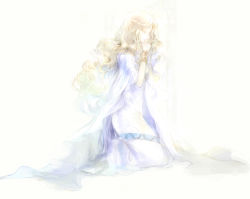 Rule 34 | 1girl, blonde hair, cape, circlet, closed eyes, dress, edain (fire emblem), fire emblem, fire emblem: genealogy of the holy war, kneeling, long hair, nintendo, praying, simple background, solo, very long hair, white background