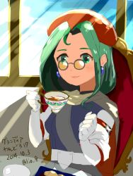 Rule 34 | 1girl, belt, beret, blush, cape, chair, cup, dated, elbow gloves, glasses, gloves, grandia, grandia i, green eyes, green hair, hat, light blush, light smile, lio (lune24), looking at viewer, mio (grandia), pince-nez, sash, short hair, sitting, sketch, solo, table, tea, teacup, translation request, twitter username