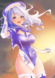 Rule 34 | 1girl, ayuman, blue eyes, blue hair, breasts, character name, clothes writing, commentary request, cowboy shot, crop top, double bun, elbow gloves, gloves, hair bun, hat, highres, kantai collection, leotard, looking at viewer, medium breasts, multicolored clothes, multicolored gloves, purple hat, purple leotard, purple thighhighs, race queen, sailor hat, signature, solo, sunset, thighhighs, two-tone leotard, urakaze (kancolle)