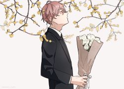 Rule 34 | 1boy, absurdres, black jacket, black necktie, bouquet, branch, closed mouth, collared shirt, commentary request, flower, formal, from side, highres, holding, holding bouquet, jacket, kankara nashi, light blush, long sleeves, looking away, male focus, necktie, original, pink hair, profile, shirt, short hair, simple background, solo, suit, suit jacket, upper body, white background, white flower, white shirt, yellow flower