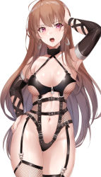 Rule 34 | 1girl, absurdres, alternate breast size, armpits, assertive female, azur lane, bdsm, black garter straps, bondage, bondage outfit, bound, breasts, brown hair, cleavage, clothing cutout, dominatrix, earrings, elbow sleeve, femdom, fishnet thighhighs, fishnets, garter straps, halterneck, hand on own head, hand on own hip, haneramu, highres, hoop earrings, jean bart (azur lane), jewelry, large breasts, leotard, long hair, navel, navel cutout, open mouth, pink eyes, revealing clothes, side cutout, simple background, thighhighs, thighs, white background