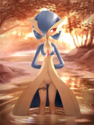 Rule 34 | 1girl, :&lt;, absurdres, alternate color, alternate eye color, ancesra, arms behind back, artist name, averting eyes, blue skin, blurry, blurry background, blush, bob cut, breasts, closed mouth, colored skin, controller, creatures (company), embarrassed, english text, female focus, forest, game freak, gardevoir, gen 3 pokemon, gluteal fold, hair over one eye, half-closed eyes, highres, light rays, looking to the side, multicolored skin, nature, nintendo, nose blush, object insertion, outdoors, partially submerged, patreon username, pokemon, pokemon (creature), pussy, pussy juice, red eyes, remote control, remote control vibrator, ripples, sex toy, shiny pokemon, short hair, skindentation, small breasts, solo, standing, straight-on, stream, sunlight, sunset, thigh strap, tree, two-tone skin, uncensored, vaginal, vaginal object insertion, vibrator, vibrator cord, wading, water, watermark, white skin