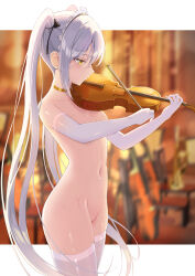 Rule 34 | 1girl, akie (44265104), blurry, blurry background, breasts, chair, commentary request, cowboy shot, duplicate, elbow gloves, from side, gloves, gold choker, highres, holding, holding instrument, holding violin, instrument, letterboxed, long hair, maid headdress, music, naked choker, navel, nude, original, parted lips, playing instrument, revision, skindentation, small breasts, solo, stomach, sweat, thighhighs, thighs, twintails, violin, white gloves, white hair, white thighhighs, yellow eyes, zenra