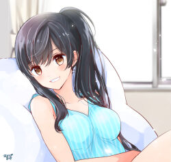 Rule 34 | 1girl, asymmetrical bangs, bare shoulders, bed, black hair, blue shirt, blush, breasts, brown eyes, collarbone, commentary request, grin, hand on own stomach, hospital bed, long hair, medium breasts, original, shirt, side ponytail, sleeveless, sleeveless shirt, smile, solo, tinkle2013, upper body
