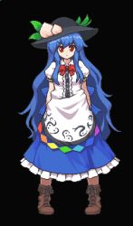 Rule 34 | 1girl, bad id, bad twitter id, black background, black hat, blue hair, blue skirt, boots, bow, bowtie, brown footwear, closed mouth, cross-laced footwear, food, frills, fruit, full body, hat, hinanawi tenshi, lace-up boots, leaf, long hair, lowres, namako daibakuhatsu, peach, pixel art, puffy short sleeves, puffy sleeves, rainbow order, red bow, red bowtie, red eyes, short sleeves, sidelocks, simple background, skirt, solo, standing, touhou, very long hair, wavy hair
