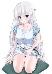 Rule 34 | 1girl, absurdres, arm at side, awkward, blue eyes, blue sleeves, blunt ends, blush, breasts, center frills, collarbone, commentary request, dress, eyelashes, frills, full body, hair ornament, hairclip, highres, lap pillow invitation, long hair, looking at viewer, medium breasts, naruse shiroha, nervous smile, open mouth, seiza, short dress, short sleeves, sidelocks, simple background, sitting, smile, solo, straight hair, summer pockets, sweatdrop, thighs, v-shaped eyebrows, very long hair, white background, white dress, white hair, zenoo