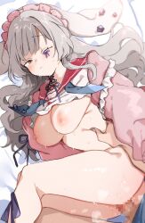 Rule 34 | 1boy, 1girl, animal ears, bed sheet, blush, bottomless, breasts, cardigan, censored, deep skin, feet out of frame, frilled hairband, frills, grey hair, hairband, hetero, highres, long sleeves, looking at viewer, lop rabbit ears, lying, medium breasts, mosaic censoring, nipples, nonoyama, on side, one eye closed, original, penis, pink cardigan, pink hairband, pov, pov crotch, pov hands, purple ribbon, pussy juice, rabbit ears, red sailor collar, ribbon, sailor collar, sex, sweat