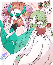 Rule 34 | 1other, 2girls, absurdres, arched back, arm at side, big hair, black eyes, blunt bangs, blush, bob cut, border, bowl cut, closed mouth, colored skin, covered eyes, creatures (company), dress, elbow gloves, female focus, flabebe, flabebe (red flower), flat chest, florges, florges (red flower), flower, game freak, gardevoir, gen 3 pokemon, gen 6 pokemon, gloves, green hair, hair flower, hair ornament, hair over eyes, hair over one eye, half-closed eyes, hand up, happy, heart, highres, holding, holding flower, licking lips, long dress, looking at viewer, mega gardevoir, mega pokemon, monster girl, multicolored hair, multiple girls, nintendo, notice lines, one eye covered, open mouth, outline, outside border, pink hair, plant girl, pokemon, pokemon (creature), ralts, red eyes, red flower, red hair, short hair, smile, suzu (pixiv 32232702), tongue, tongue out, two-tone hair, white border, white dress, white gloves, white outline, white skin, yellow flower